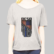 Ladies Slouchy T-Shirt with the OCSO side Integrate Flag printed vertically on the front.