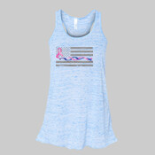 Ladies Flowy Racerback Tank Blue Line Flag with Pink Twisted Ribbon